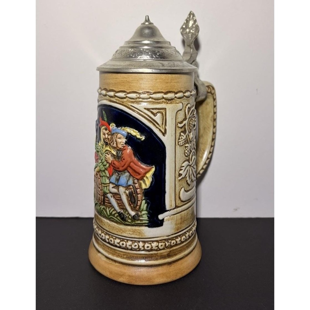Vintage Ceramarte Brazil Beer Stein Pewter German Tavern Scene 8" Pintado A Mao